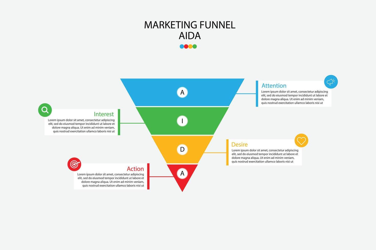 AIDA marketing funnel template with colorful design and icons. Perfect for sales strategy, business presentation, and digital marketing materials vector