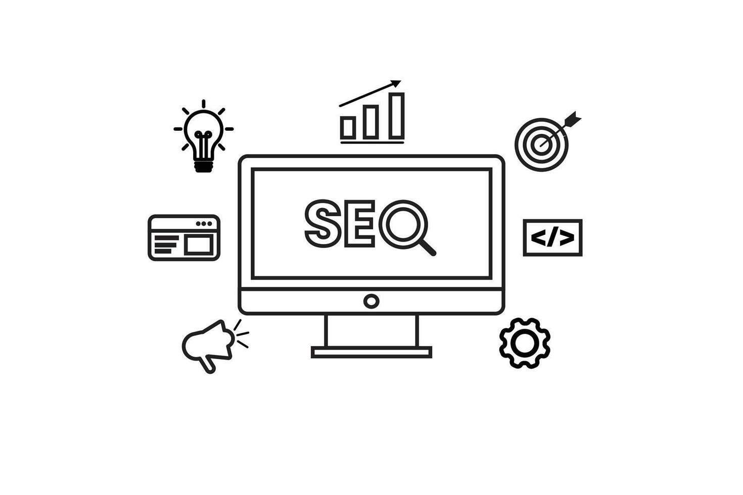 Minimalist black line SEO icons. Set of digital marketing, search optimization, and analytics outline icons. Perfect for website UI, infographics, presentation, and wireframes. vector