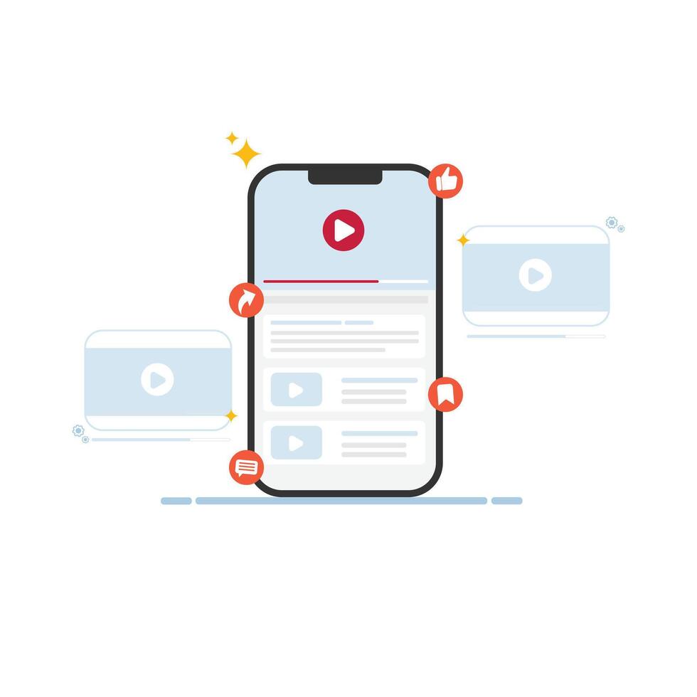 Flat design of smartphone interface with like, comment, share, and save icons. Perfect for social media, marketing, or mobile UI design projects vector