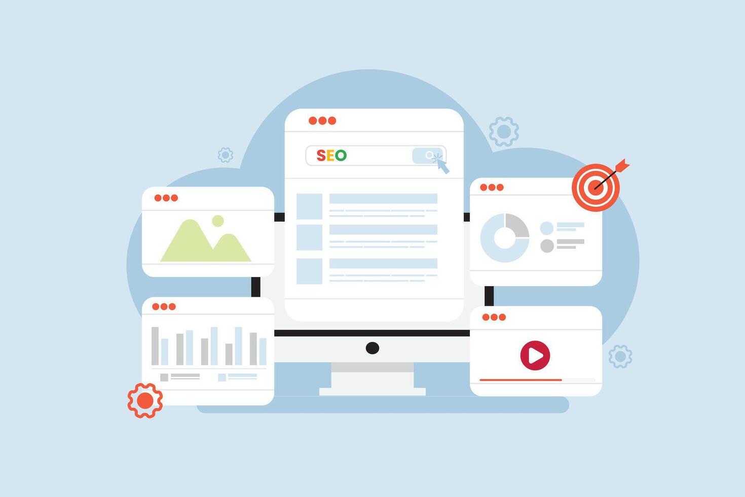 Flat design illustration of SEO strategy concept with search bar, content, analytics, and optimization. vector
