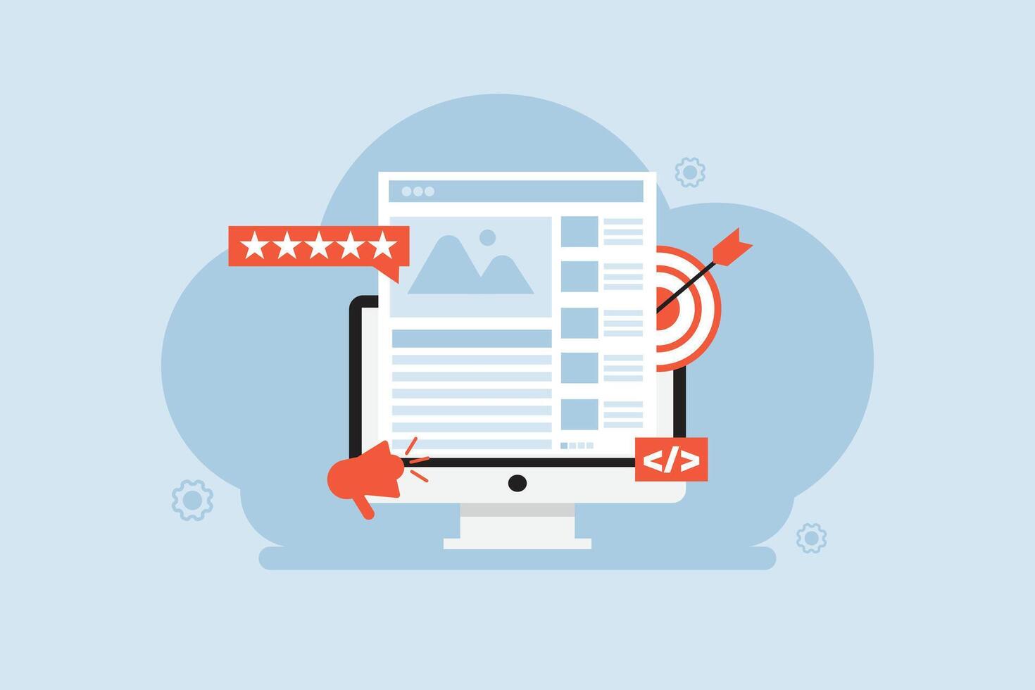 concept of SEO content marketing and blog article optimization. Includes rating stars, web layout, coding, and target icons. Perfect for web, digital marketing, and editorial design. vector