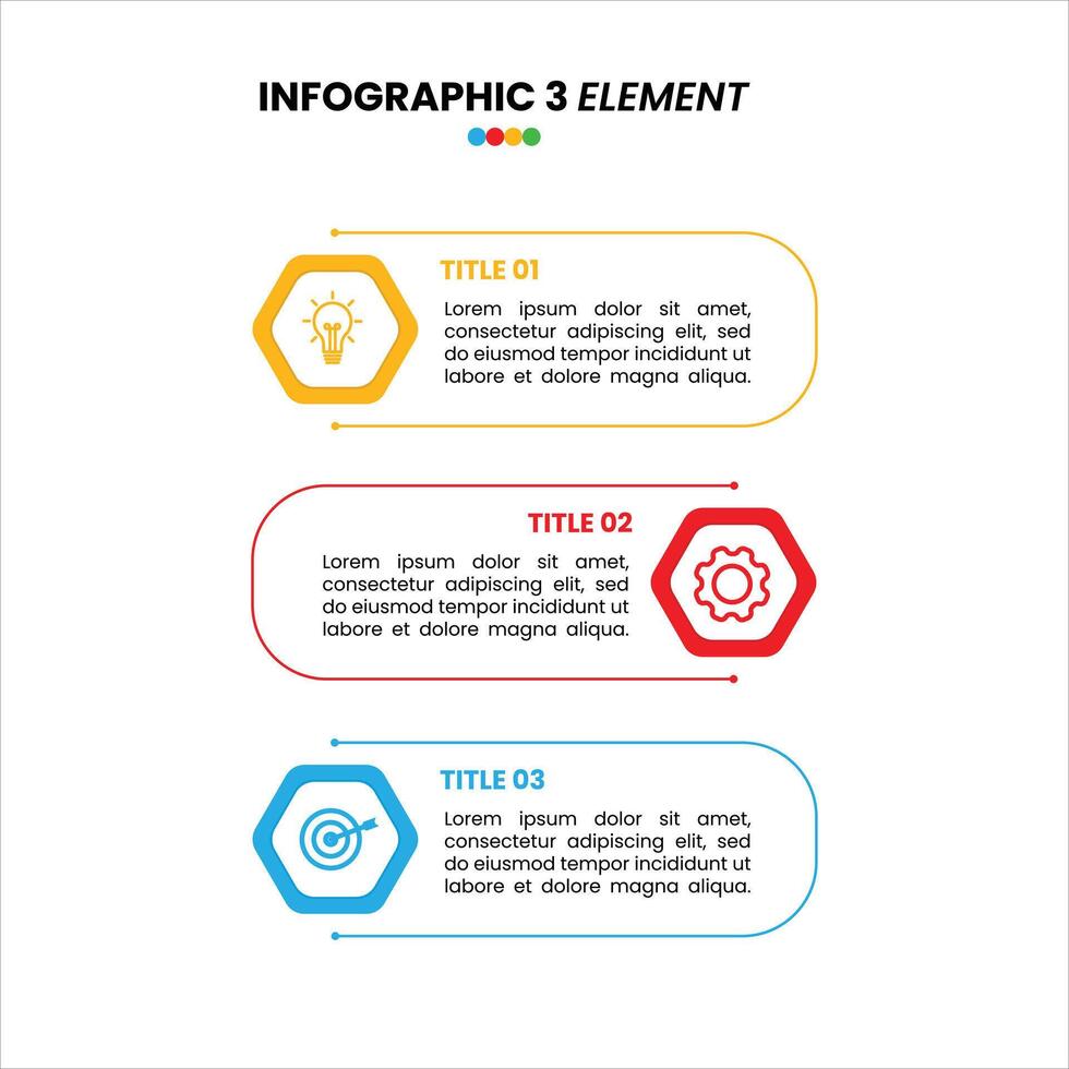 Three step infographic with icons lightbulb idea, gear process, and target goal. Clean layout with placeholder text vector