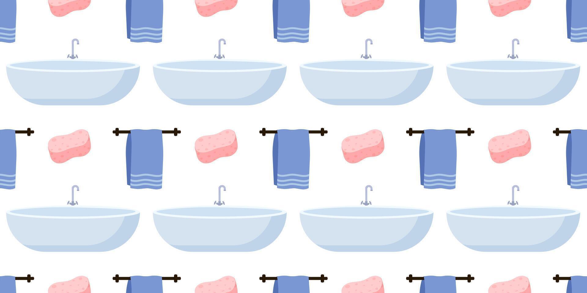 Colorful bathroom pattern with sinks, towels, and sponges on a white background vector