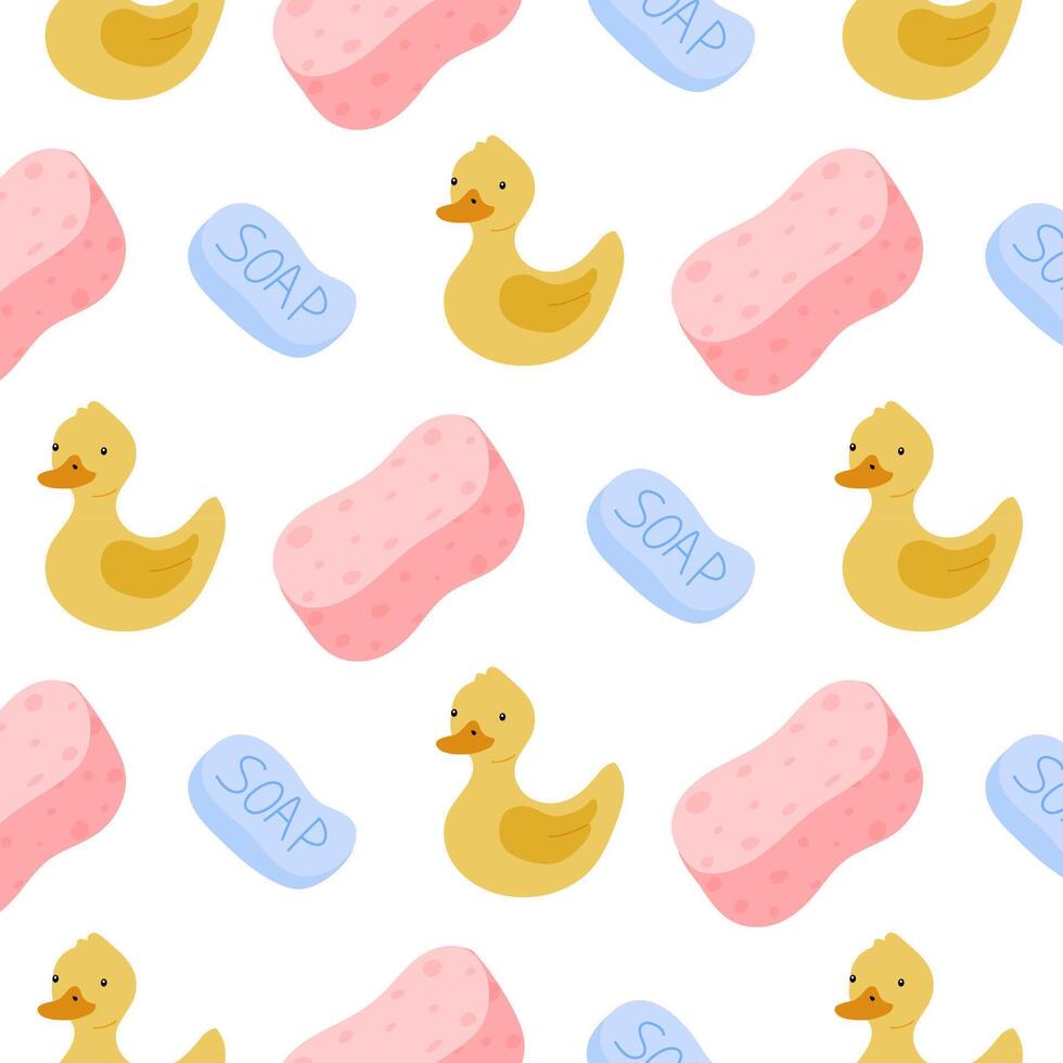 Cute rubber ducks and sponges pattern on a white background for childrens decor vector