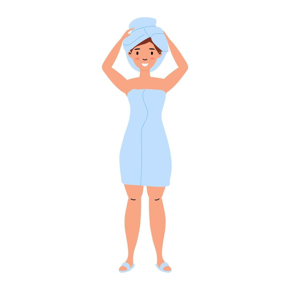 Woman in a blue towel adjusting her headscarf after a shower at home vector