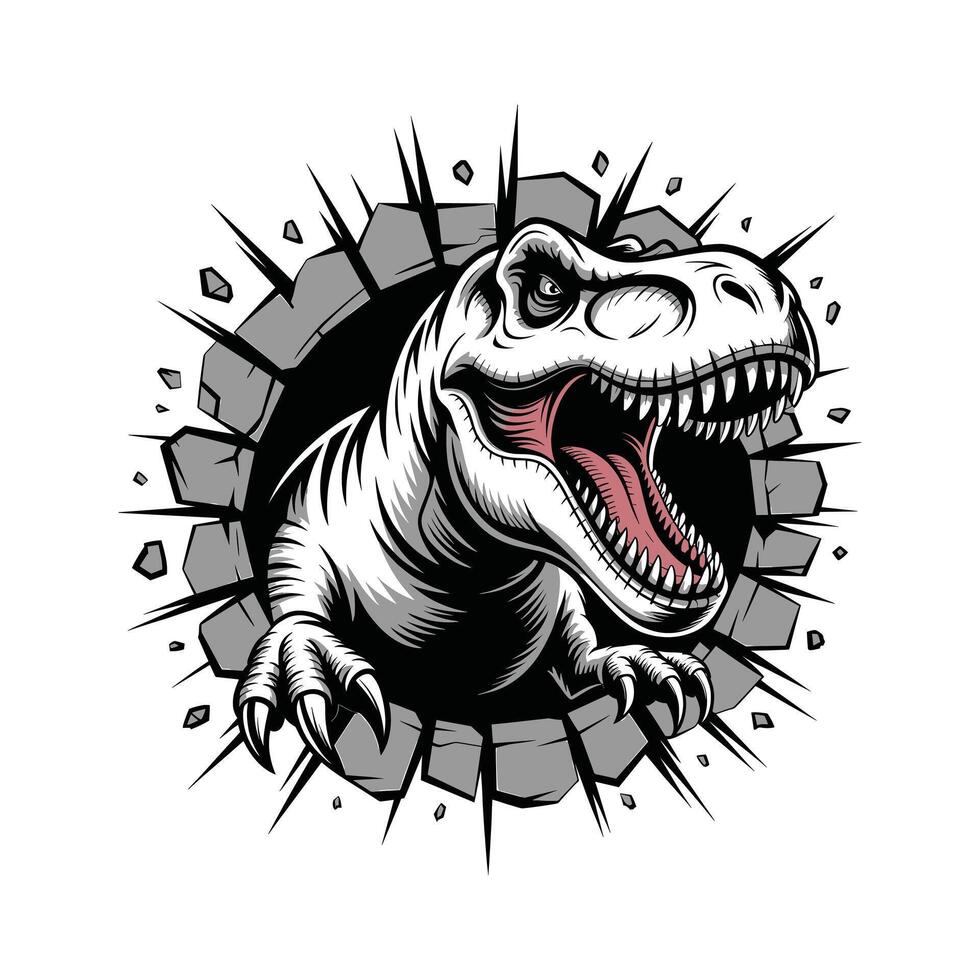 Angry T rex Dinosaur Breaking Through Wall vector