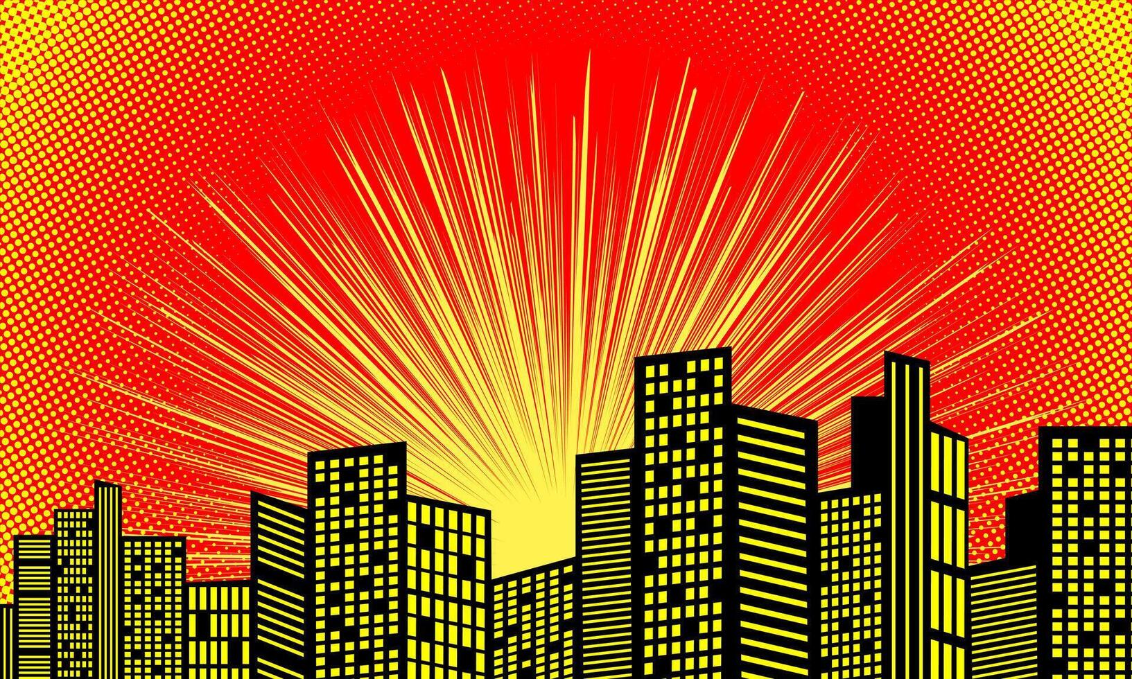 Comic cartoon background with city silhouette and halftone texture vector