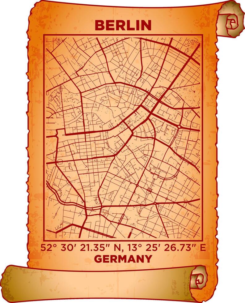 map art Berlin city, Germany with coordinates. map poster old parchment paper scroll sheet vintage aged and texture, Historical vintage scrolls treasure map concept. poster design map ancient vector