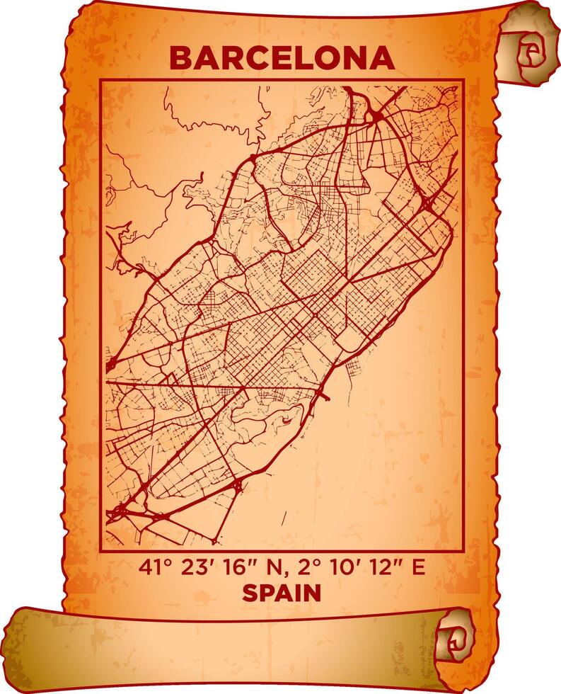 map art Barcelona, Spain with coordinates. map poster old parchment paper scroll sheet vintage aged and texture, Historical vintage scrolls treasure map concept. poster design map ancient vector