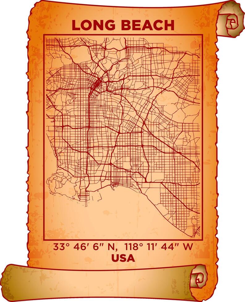 map art Long Beach, USA with coordinates. map poster old parchment paper scroll sheet vintage aged and texture, Historical vintage scrolls treasure map concept. poster design map ancient vector