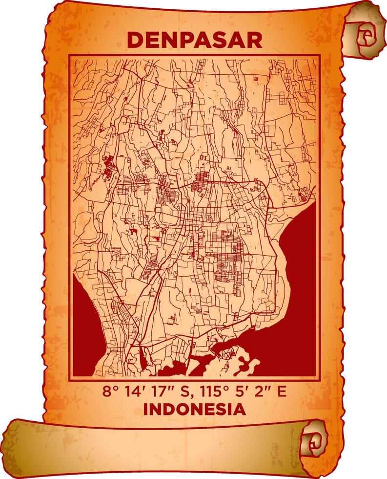 map art Denpasar, Indonesia with coordinates. map poster old parchment paper scroll sheet vintage aged and texture, Historical vintage scrolls treasure map concept. poster design map ancient vector
