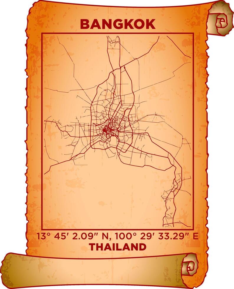 map art Bangkok, Thailand with coordinates. map poster old parchment paper scroll sheet vintage aged and texture, Historical vintage scrolls treasure map concept. poster design map ancient vector