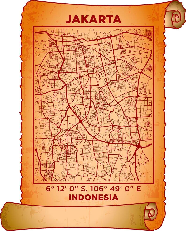 map art Jakarta, Indonesia with coordinates. map poster old parchment paper scroll sheet vintage aged and texture, Historical vintage scrolls treasure map concept. poster design map ancient vector