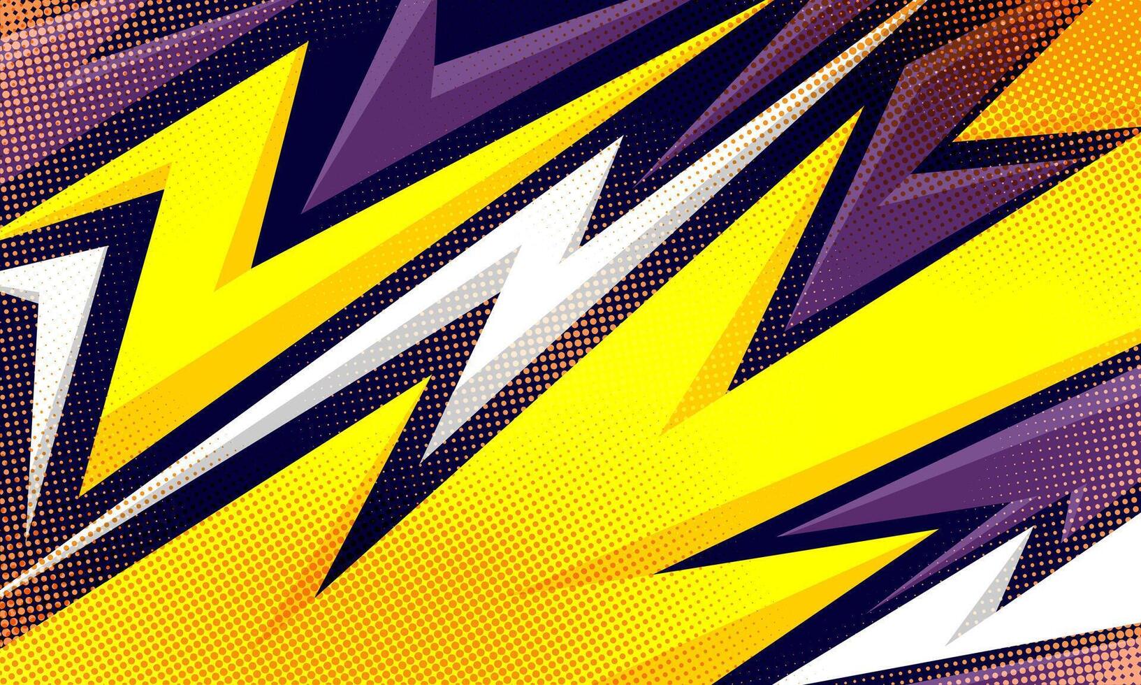 white, purple and yellow colors with halftone and geometric shapes of lightning sports background vector