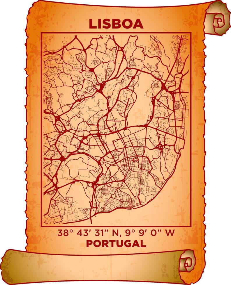 map art Lisboa, Portugal with coordinates. map poster old parchment paper scroll sheet vintage aged and texture, Historical vintage scrolls treasure map concept. poster design map ancient vector