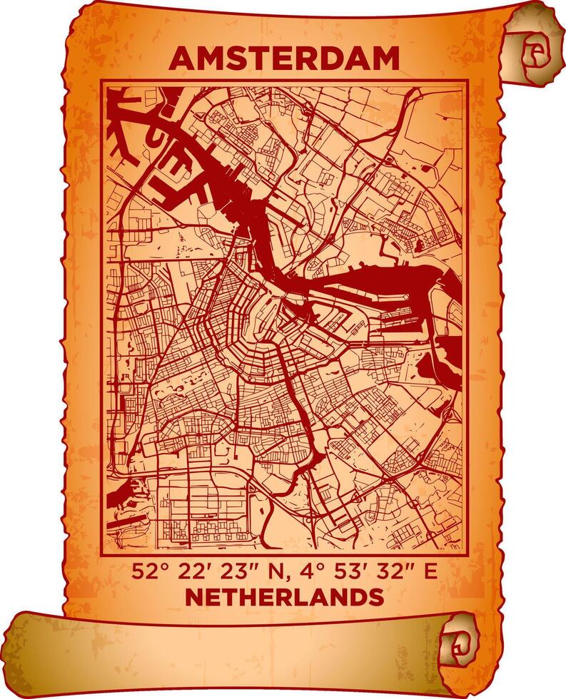 map art Amsterdam, Netherlands with coordinates. map poster old parchment paper scroll sheet vintage aged and texture, Historical vintage scrolls treasure map concept. poster design map ancient vector