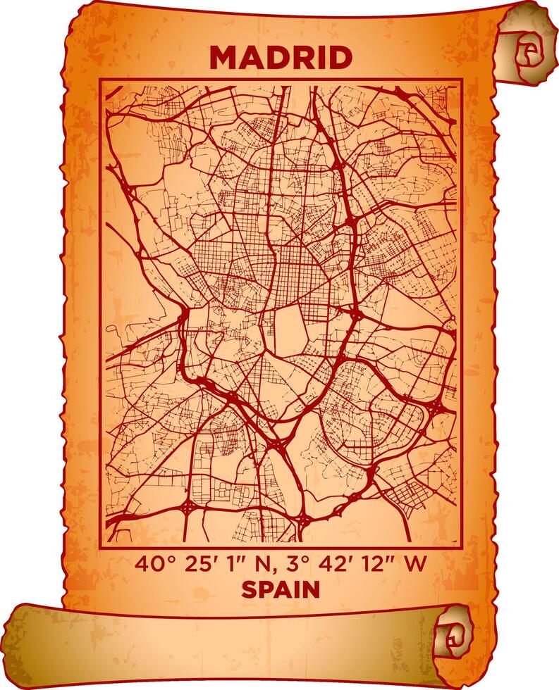 map art Madrid, Spain with coordinates. map poster old parchment paper scroll sheet vintage aged and texture, Historical vintage scrolls treasure map concept. poster design map ancient vector