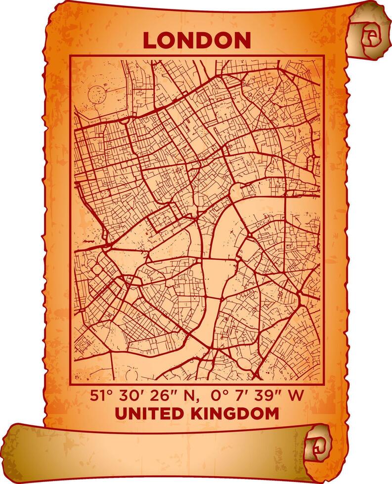 map art London, United Kingdom with coordinates. map poster old parchment paper scroll sheet vintage aged and texture, Historical vintage scrolls treasure map concept. poster design map ancient vector