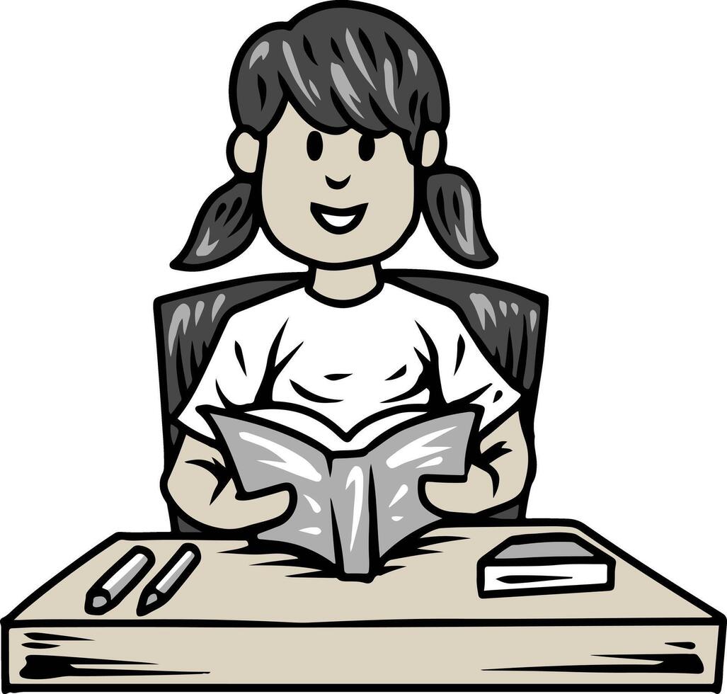 Happy Girl Reading Book at Desk vector