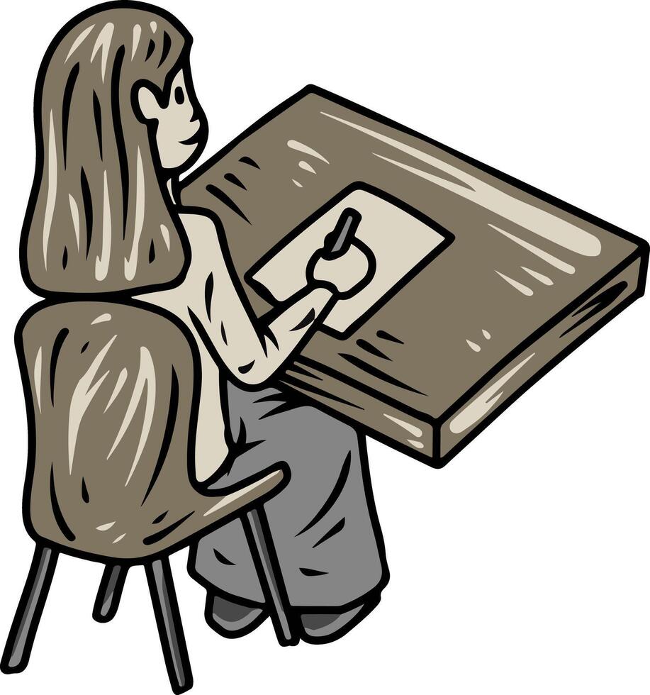 Woman Drawing or Writing at a Desk vector