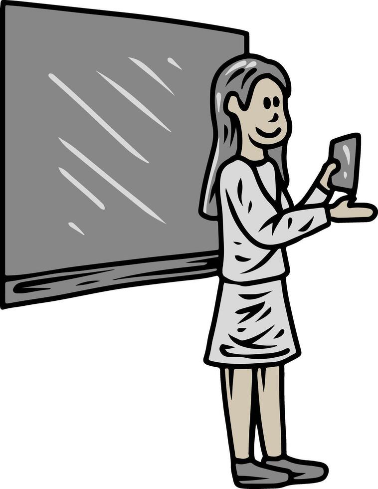 Woman Using Phone Near Screen vector