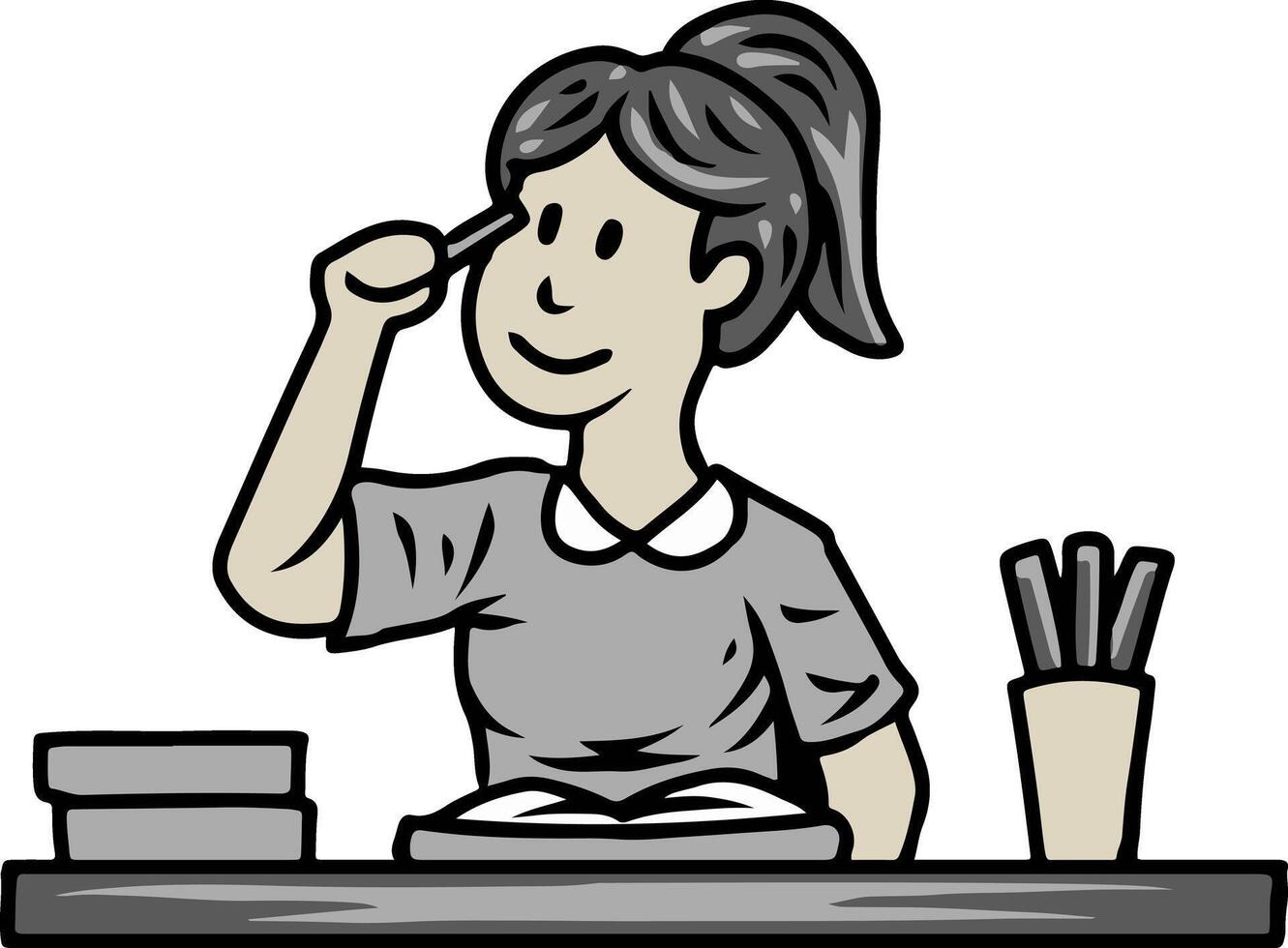 Student Thinking While Studying at Desk vector