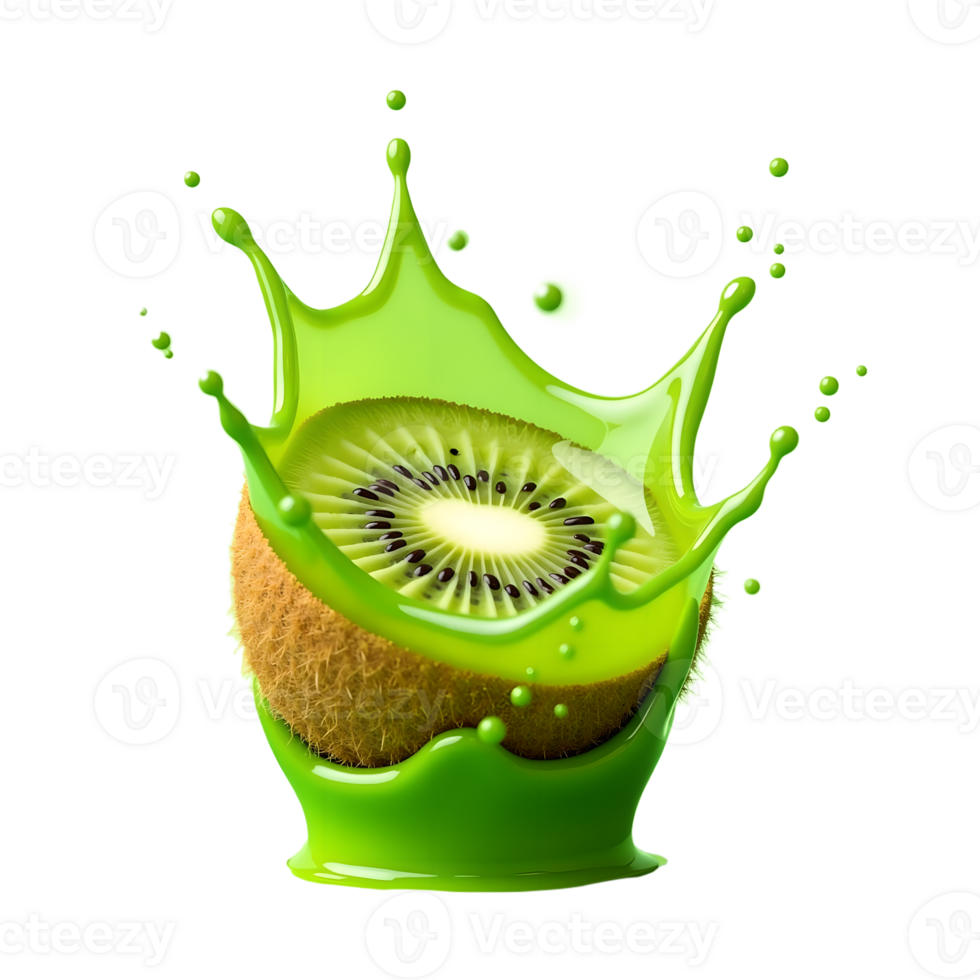 Tropical Splash 3D Half Kiwi Dropping into Juice with Dynamic Burst Effect png