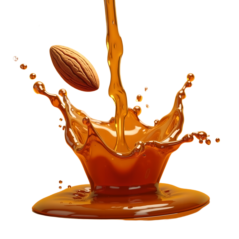 3D Realistic Almond Falling Into Honey - High impact splash effect with transparent background for premium food branding, packaging and advertising png