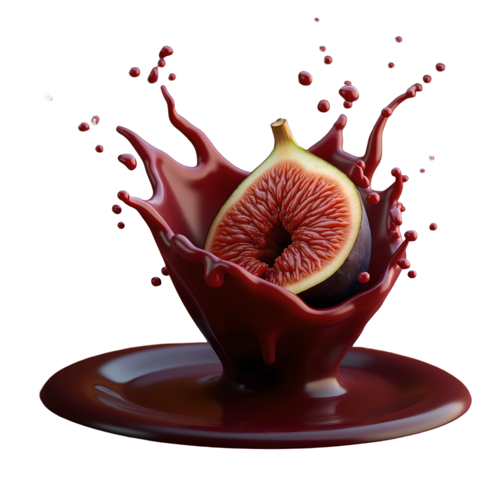 3D figs falling into fig juice - realistic splash effect with transparent background for premium food advertising, packaging and digital design png