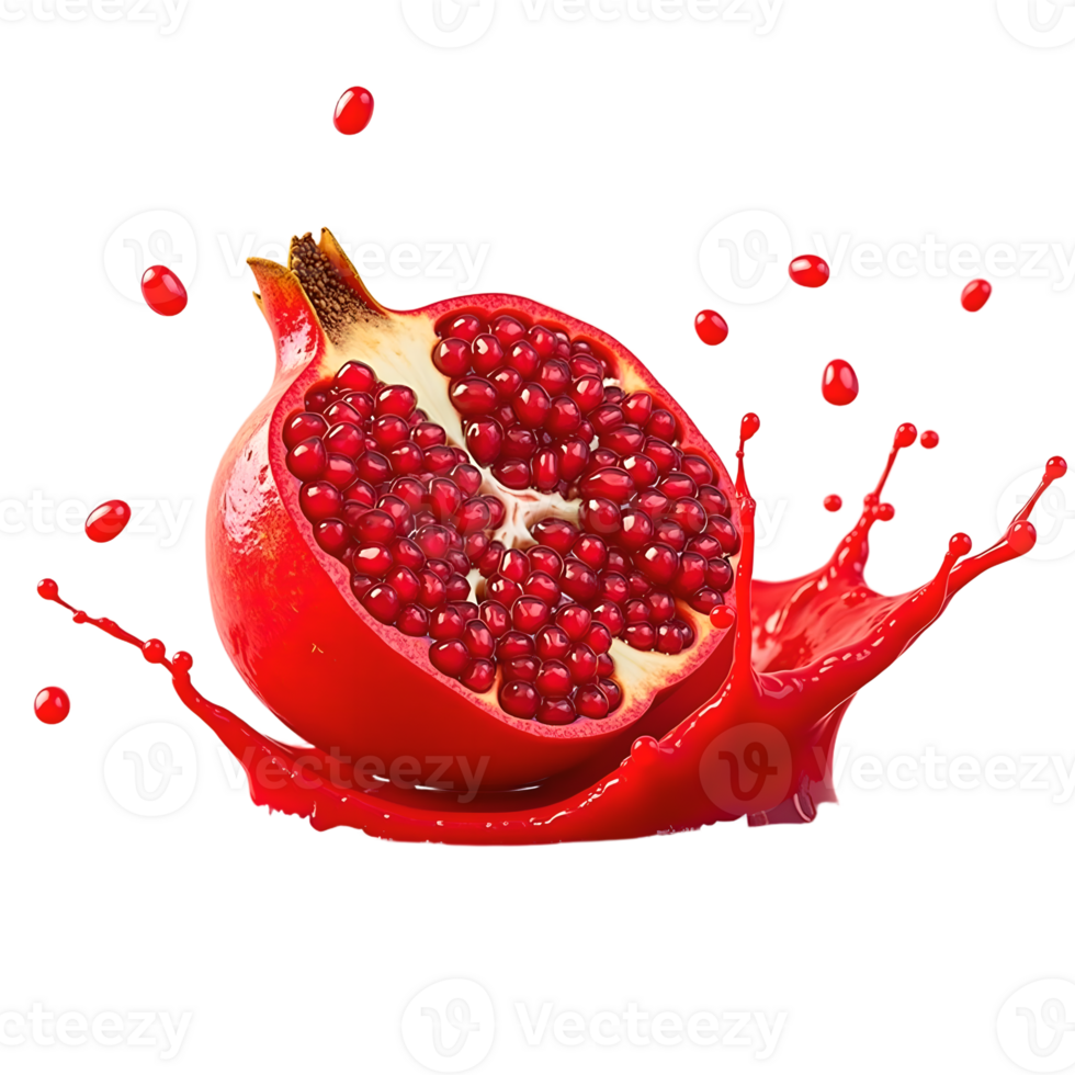 3D Half Pomegranate with Juice Splash Realistic Superfruit Explosion with Transparent Background for Premium Food Advertising, Packaging, and Digital Design png