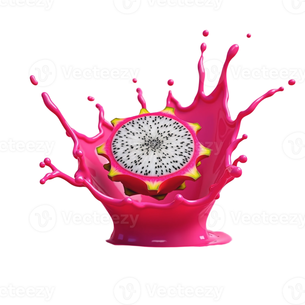 3D Half Dragon Fruit with Juice Splash Realistic Exotic Superfruit Explosion on Transparent Background for High-End Food Branding, Packaging, and Digital Art png