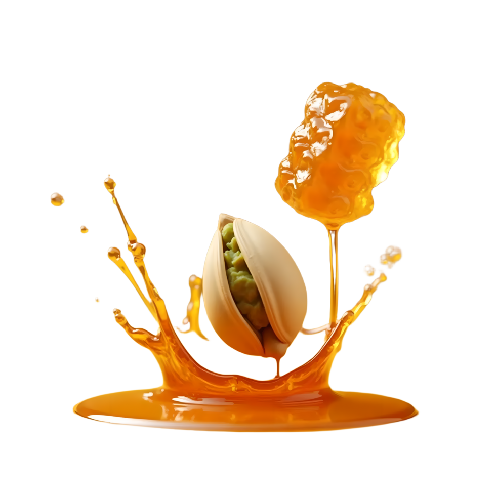 3D pistachio splashing in honey realistic food scene with transparent background for premium branding, packaging and advertising design png