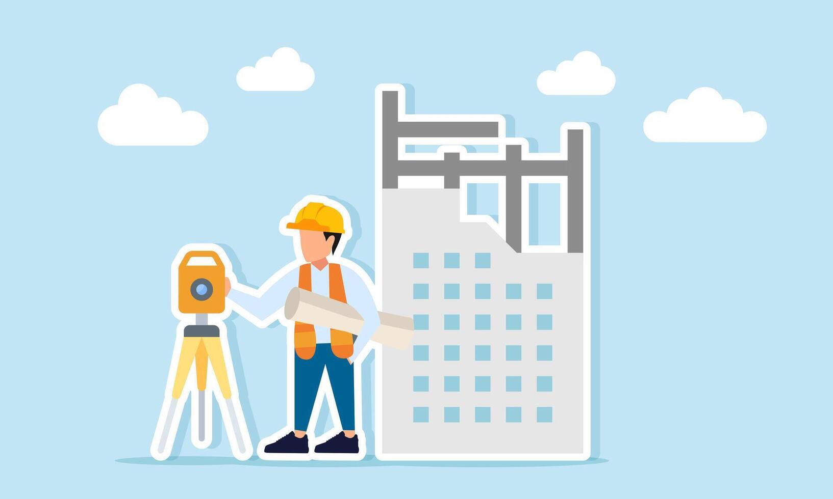Engineer holding plan paperwork standing between a theodolite and building construction site illustration of preparation for working on a building project vector