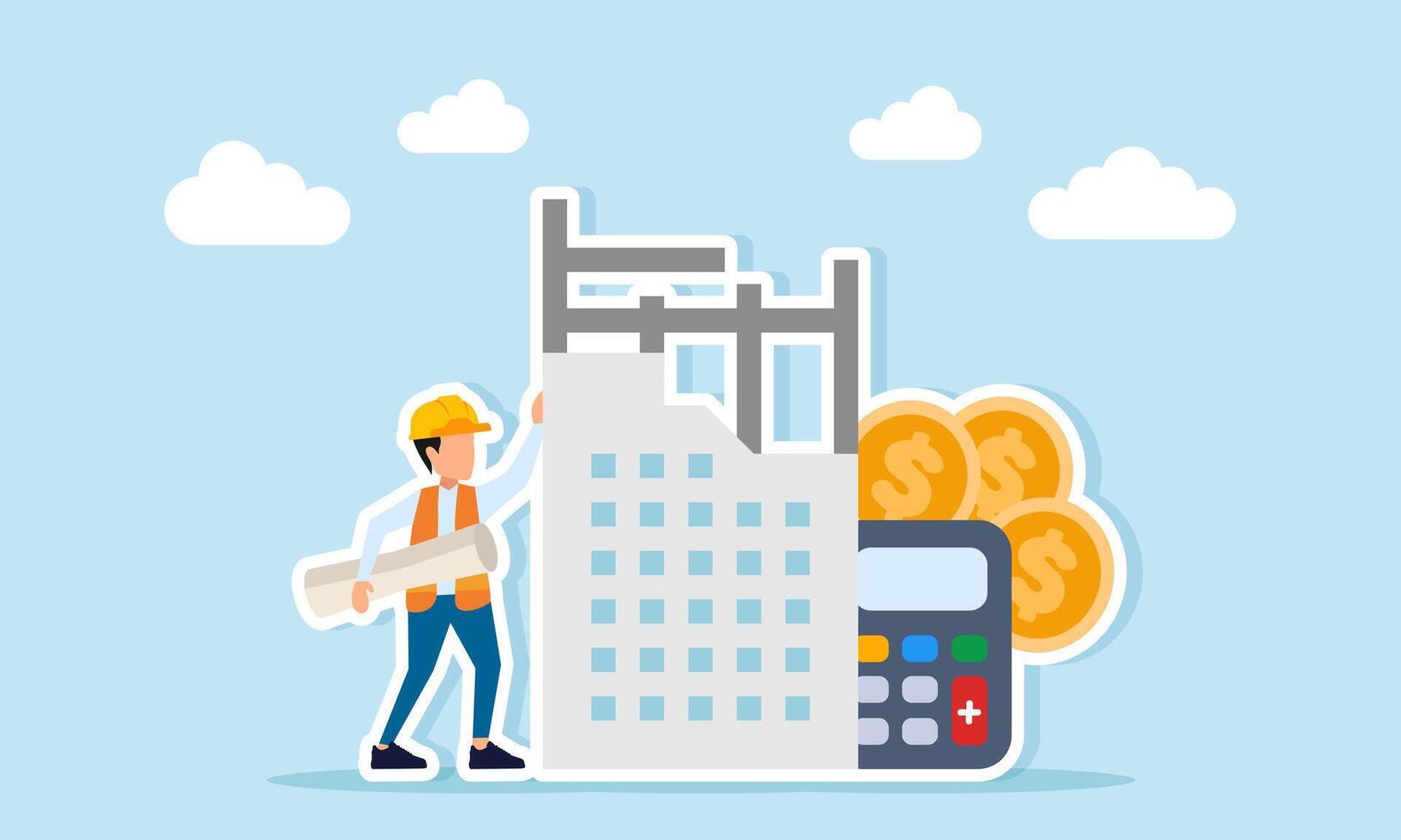 engineer holding paperwork near building construction project calculator and dollar coins illustration of budget calculation for infrastructure project development vector