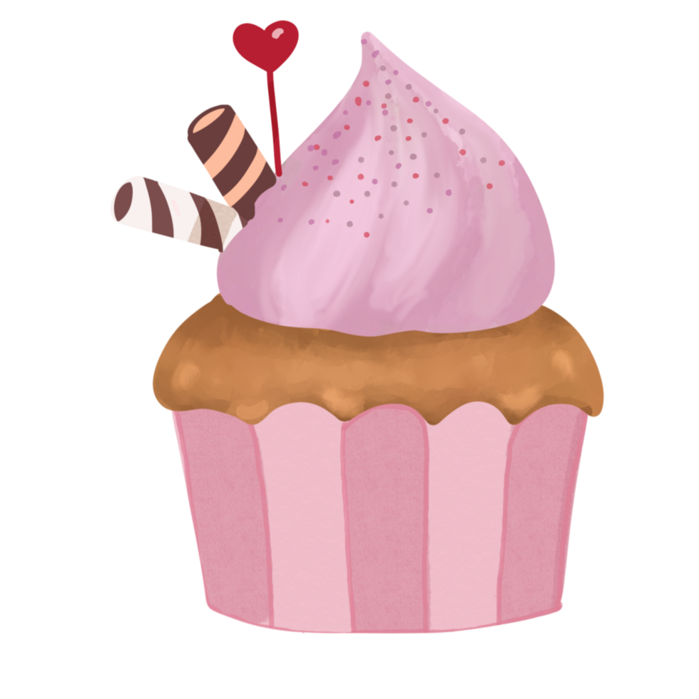Cute Cupcake with Pink Icing and Heart Decoration Sweet Dessert Clipart with Transparent Background png
