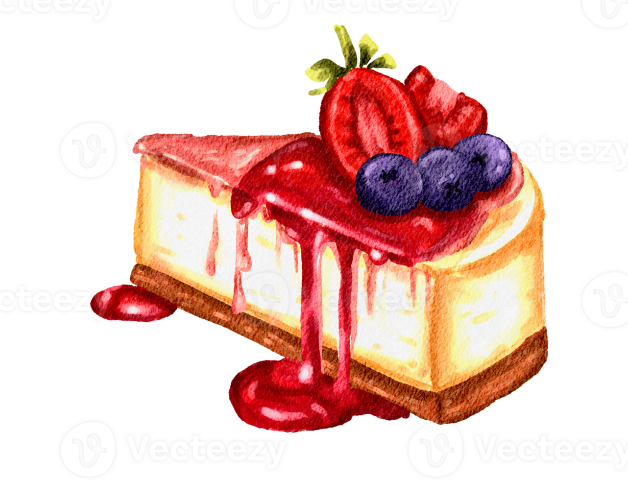 Watercolor cheesecake with berries and syrup and transparent backround png
