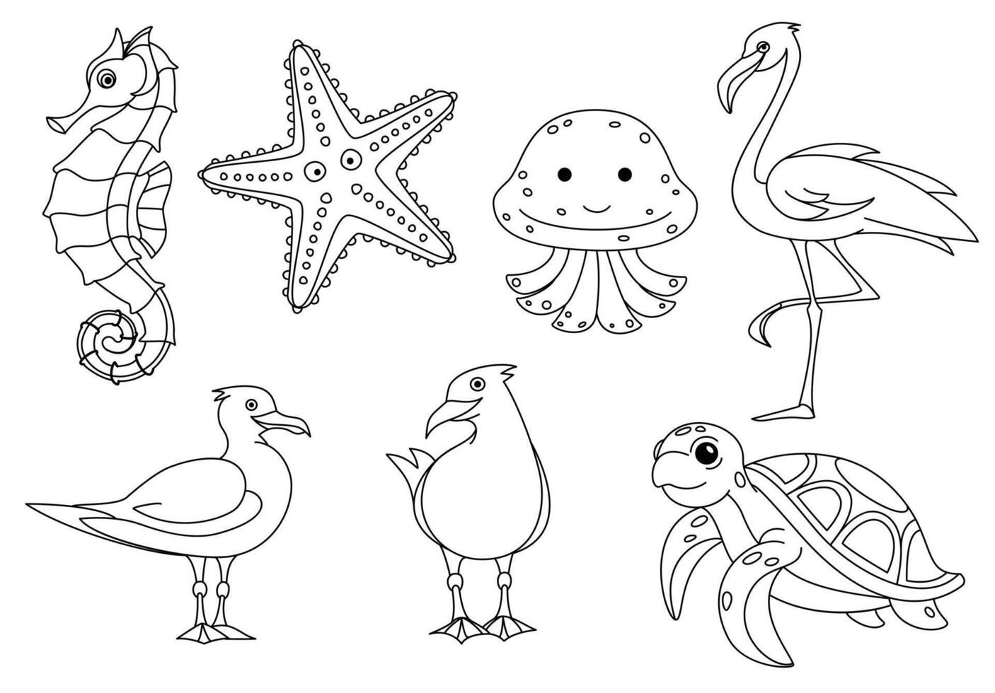 Sea animals line art set vector