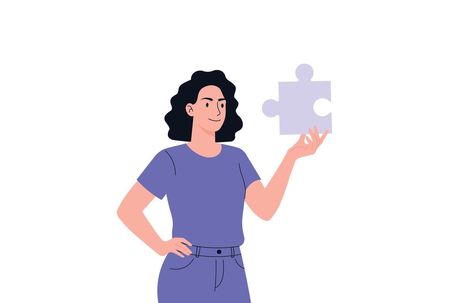 Woman Holding Puzzle Piece Finding Solution Illustration. vector
