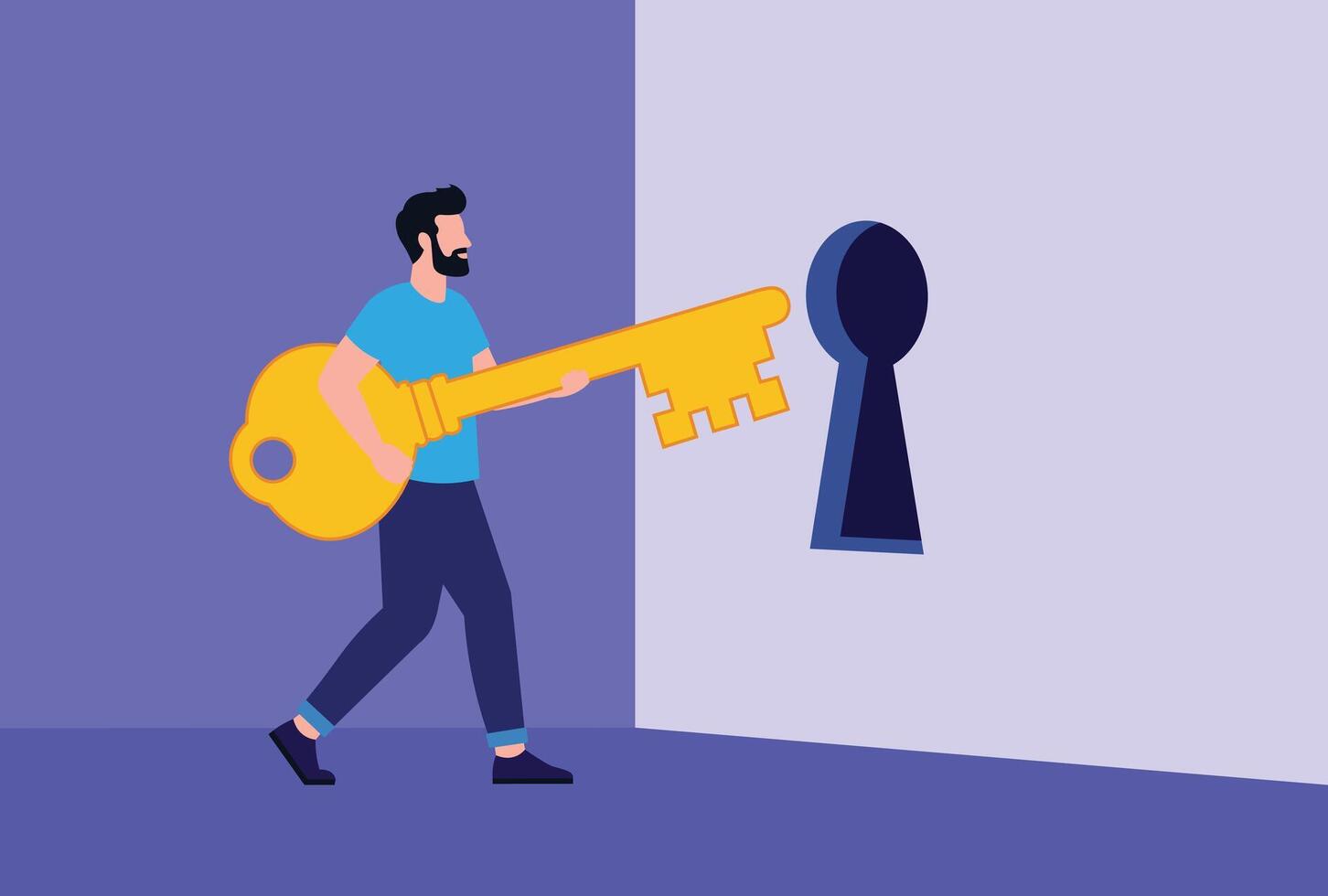 Man unlocking opportunity with giant key illustration. vector