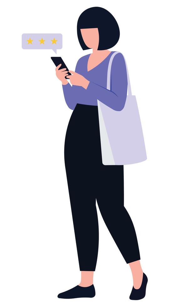 Woman giving online customer review illustration. vector