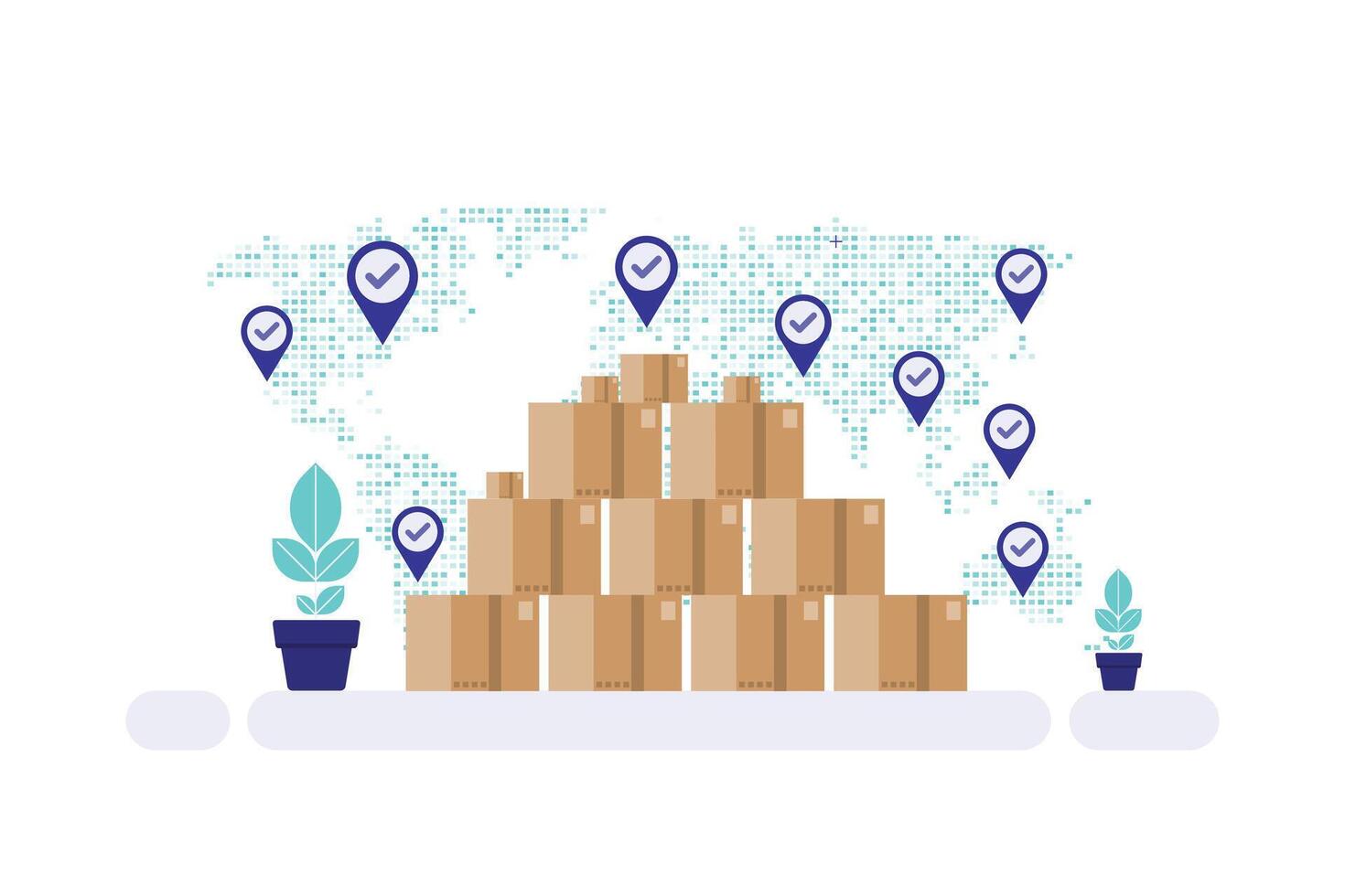 A stack of boxes with pins on them and a map vector