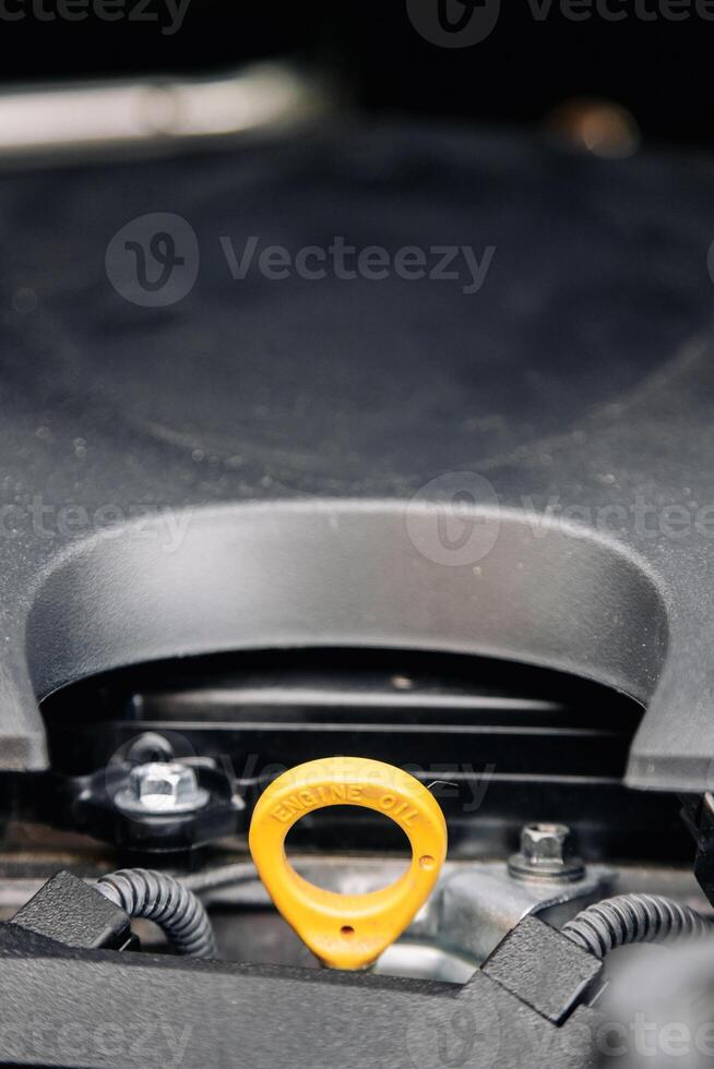 Close-up of a new car engine. Concept of repair, parts. photo