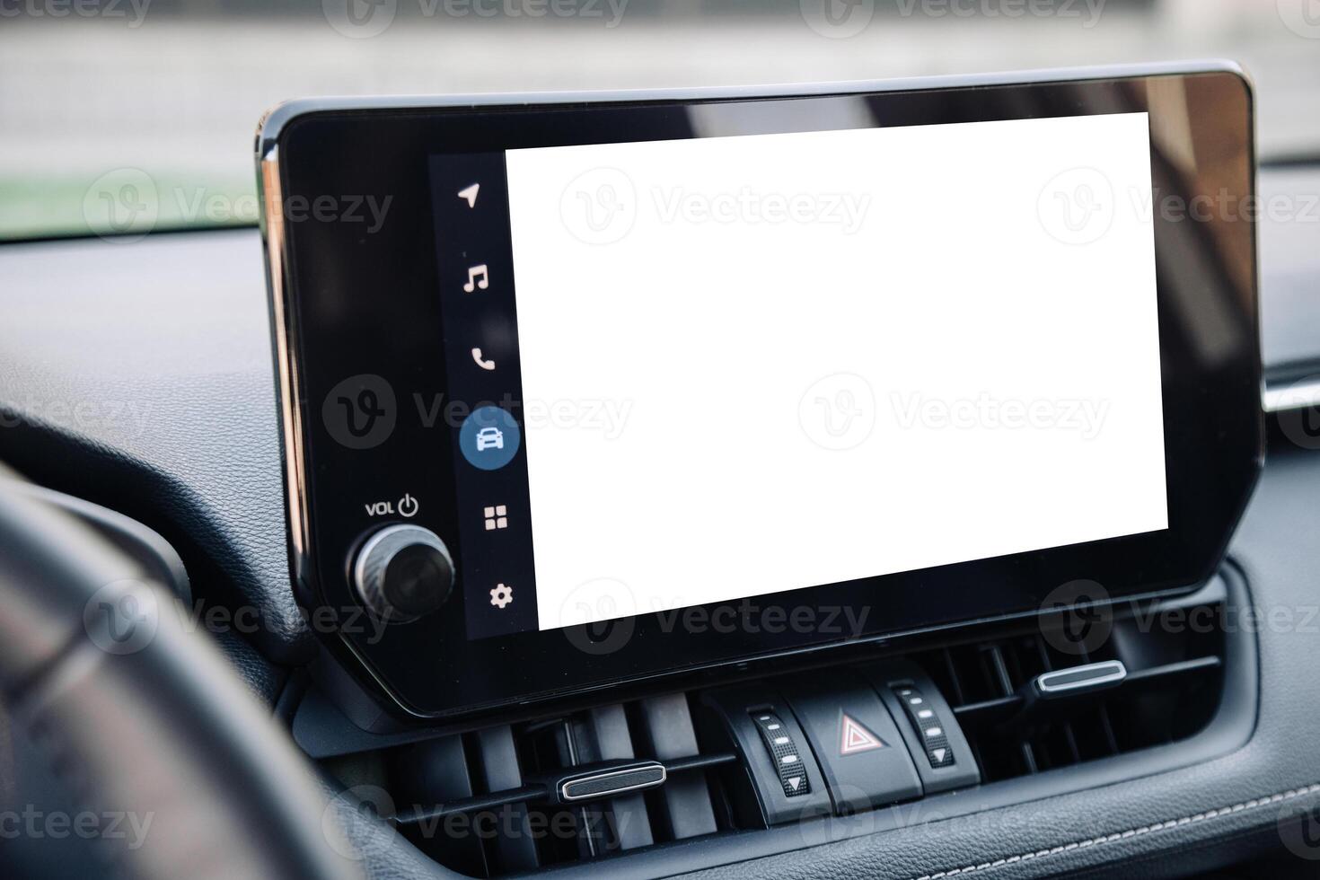Close-up of the screen on the car dashboard. White screen. Mockup for your advertising. photo