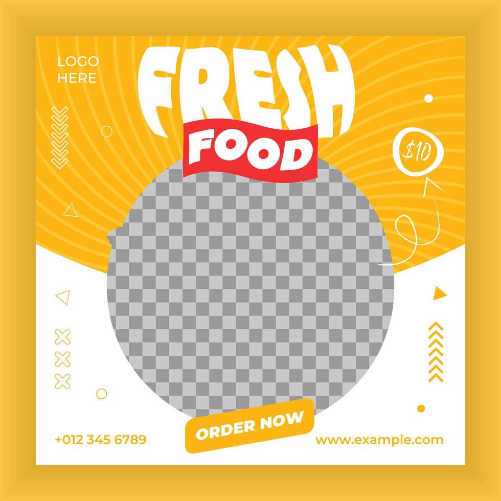 A yellow square with the words fresh food order now vector