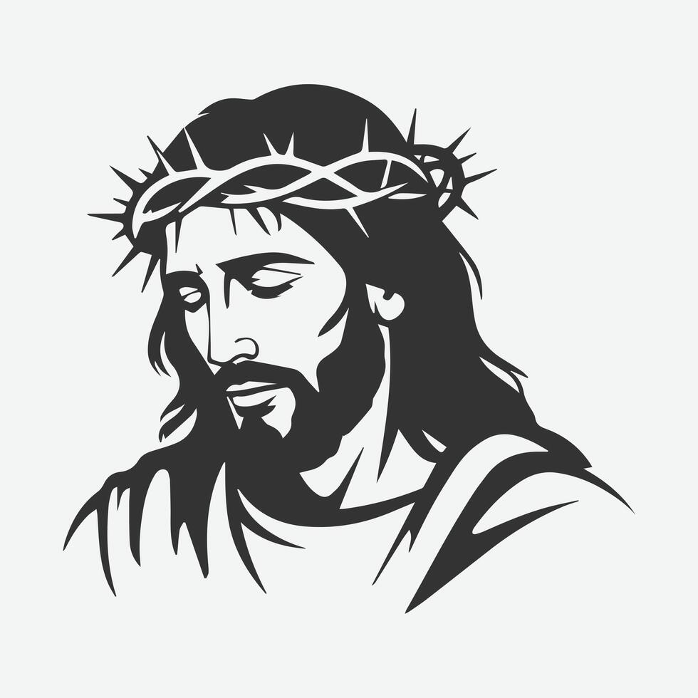 Jesus Christ with Crown of Thorns - Black and White Religious Illustration of Jesus for Christian Art, Spiritual Graphics, and Religious Icons vector