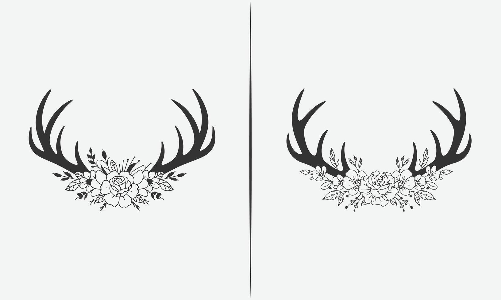 Floral Antlers Design with Roses and Leaves, Hand-Drawn Boho and Nature-Inspired Artwork vector