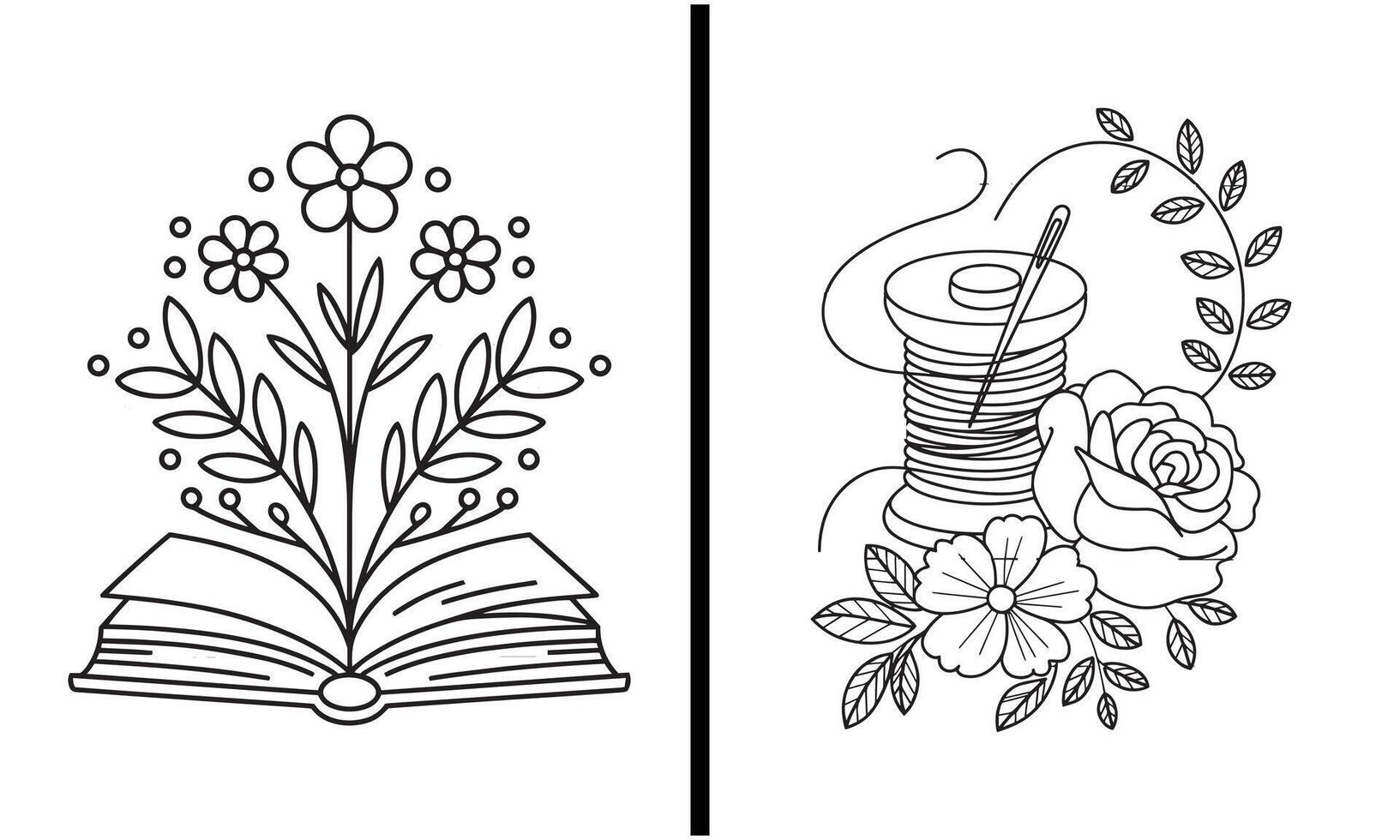 Book with Floral Design and Sewing Spool with Flowers Illustration, Vintage Floral and Craft Concept for Creative Projects vector