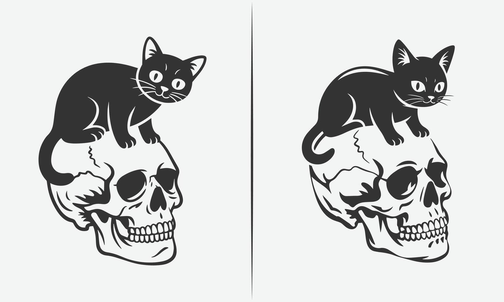 Black and White Skull with Cat and Roses Illustration for Tattoo and Artistic vector