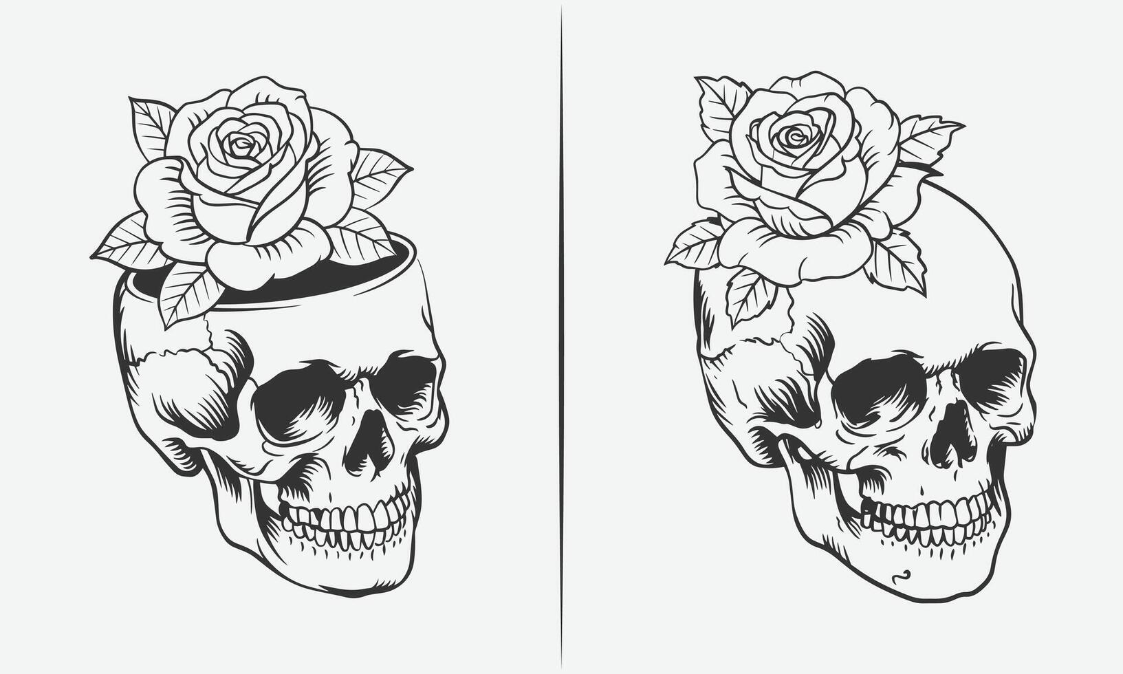 Black and White Skull Illustration with Rose Growing from Cracked Head for Artistic and Tattoo vector