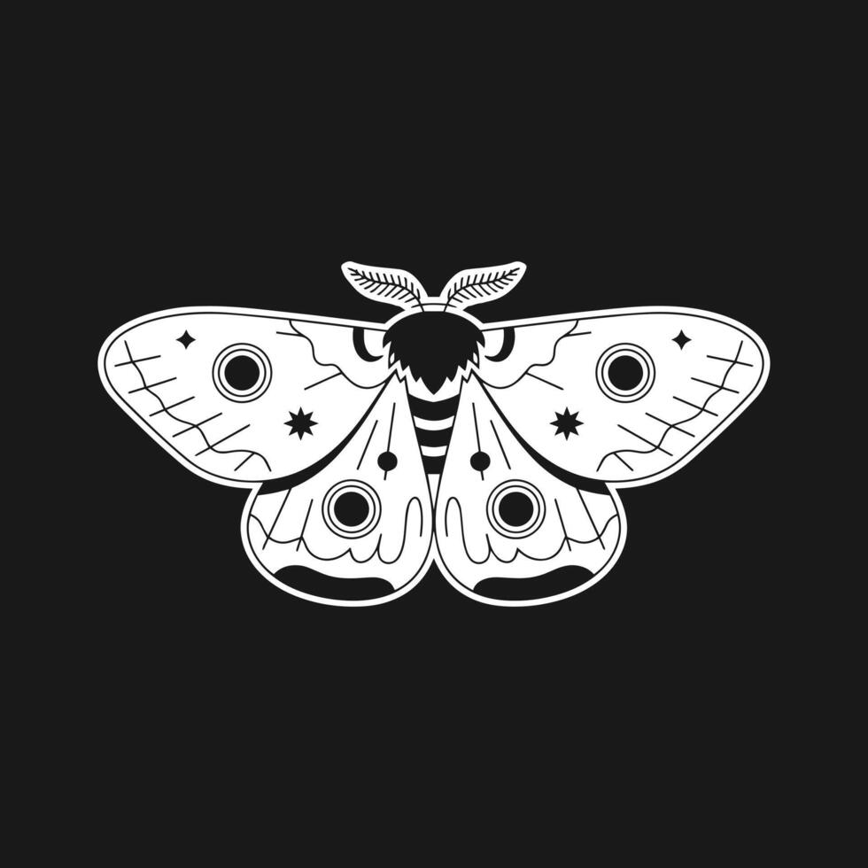 Intricate Black and White Moth Illustration with Abstract Geometric Designs and Eye Motifs for Creative Artwork and Design vector